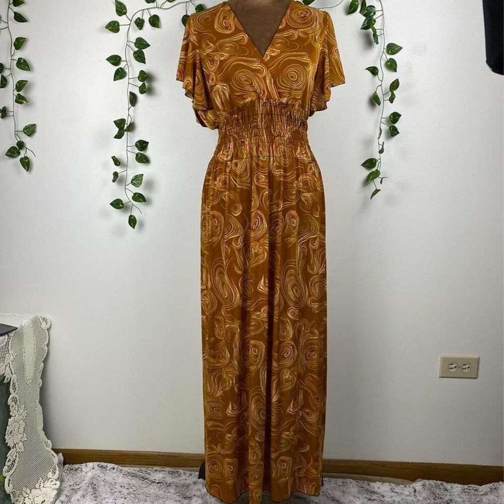 Tamsy swirl maxi dress brown pink flutter sleeves v-neck y2k 2000s whimsy fairy